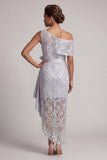 One Shoulder Light Grey Sequins Mermaid Asymmetrical Floral Mother of the Bride Dress with Sash