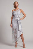 One Shoulder Light Grey Sequins Mermaid Asymmetrical Floral Mother of the Bride Dress with Sash