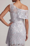 One Shoulder Light Grey Sequins Mermaid Asymmetrical Floral Mother of the Bride Dress with Sash