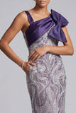 Mermaid Purple Beaded Bow Long Mother of the Bride Dress with Pockets