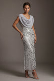 Mermaid Silver Sequins Cowl Neck Long Mother of the Bride Dress