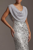 Mermaid Silver Sequins Cowl Neck Long Mother of the Bride Dress