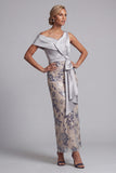 Silver Bodycon Sequins Floral One Shoulder Long Mother of the Bride Dress with Slit