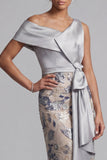 Silver Bodycon Sequins Floral One Shoulder Long Mother of the Bride Dress with Slit