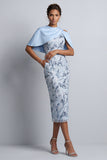Sky Blue Floral Bodycon Sequins Midi Mother of the Bride Dress with Pockets