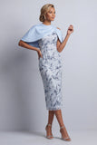 Sky Blue Floral Bodycon Sequins Midi Mother of the Bride Dress with Pockets