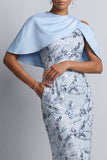 Sky Blue Floral Bodycon Sequins Midi Mother of the Bride Dress with Pockets