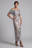 Navy Off the Shoulder Bodycon Sequins Floral Long Mother of the Bride Dress with Slit
