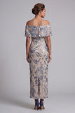 Navy Off the Shoulder Bodycon Sequins Floral Long Mother of the Bride Dress with Slit