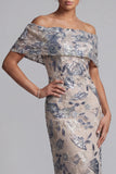 Navy Off the Shoulder Bodycon Sequins Floral Long Mother of the Bride Dress with Slit