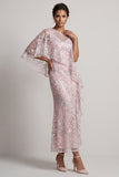 Pink One Shoulder Mermaid Sequins Floral Long Mother of the Bride Dress with Cape