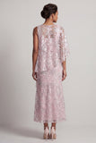 Pink One Shoulder Mermaid Sequins Floral Long Mother of the Bride Dress with Cape