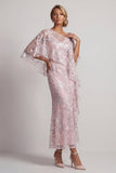 Pink One Shoulder Mermaid Sequins Floral Long Mother of the Bride Dress with Cape