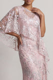 Pink One Shoulder Mermaid Sequins Floral Long Mother of the Bride Dress with Cape