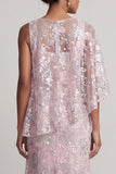 Pink One Shoulder Mermaid Sequins Floral Long Mother of the Bride Dress with Cape