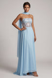 Strapless Sky Blue Sheer Corset Sequins A-Line Chiffon Long Mother of the Bride Dress