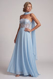 Strapless Sky Blue Sheer Corset Sequins A-Line Chiffon Long Mother of the Bride Dress