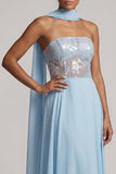Strapless Sky Blue Sheer Corset Sequins A-Line Chiffon Long Mother of the Bride Dress