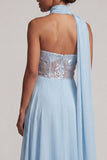 Strapless Sky Blue Sheer Corset Sequins A-Line Chiffon Long Mother of the Bride Dress