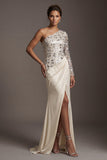 Champagne One Shoulder Sequins Ruched Mermaid Long Mother of the Bride Dress with Slit