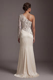 Champagne One Shoulder Sequins Ruched Mermaid Long Mother of the Bride Dress with Slit