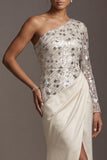 Champagne One Shoulder Sequins Ruched Mermaid Long Mother of the Bride Dress with Slit