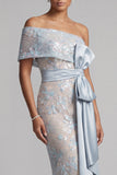 Dusty Blue Bodycon Sequins Floral Long Mother of the Bride Dress with Bow