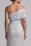 Dusty Blue Bodycon Sequins Floral Long Mother of the Bride Dress with Bow