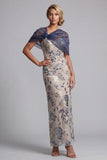 Navy Floral Bodycon Sequins Long Mother of the Bride Dress with Cape