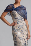Navy Floral Bodycon Sequins Long Mother of the Bride Dress with Cape