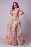 Champagne Mermaid Spaghetti Straps Sequins Long Pageant Dress with Ruffle Train