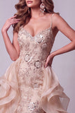 Champagne Mermaid Spaghetti Straps Sequins Long Pageant Dress with Ruffle Train