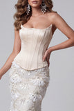 Ivory Strapless Mermaid Corset Sequins Long Pageant Dress with Lace Up Back