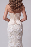 Ivory Strapless Mermaid Corset Sequins Long Pageant Dress with Lace Up Back