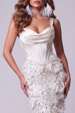 Mermaid Ivory Corset Sequins Thick Straps Long Pageant Dress with Train