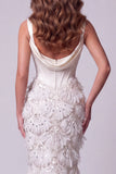 Mermaid Ivory Corset Sequins Thick Straps Long Pageant Dress with Train