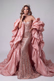 Sweetheart Pink Mermaid Corset Sequins Long Pageant Dress with Ruffle Train