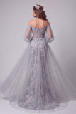 Off the Shoulder Dusty Blue Mermaid Sequins Long Pageant Dress with Train