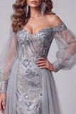 Off the Shoulder Dusty Blue Mermaid Sequins Long Pageant Dress with Train