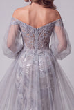 Off the Shoulder Dusty Blue Mermaid Sequins Long Pageant Dress with Train