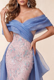 Blue and Pink Off the Shoulder Sequins Mermaid Long Pageant Dress with Train