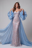 Blue and Pink Mermaid Floral Sequins Spaghetti Straps Long Pageant Dress Ruffle Train