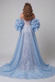 Blue and Pink Mermaid Floral Sequins Spaghetti Straps Long Pageant Dress Ruffle Train