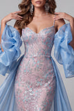Blue and Pink Mermaid Floral Sequins Spaghetti Straps Long Pageant Dress Ruffle Train