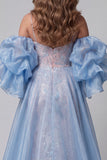 Blue and Pink Mermaid Floral Sequins Spaghetti Straps Long Pageant Dress Ruffle Train