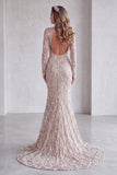 Mermaid Champagne High Neck Sequins Fringed Long Pageant Dress with Slit