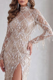 Mermaid Champagne High Neck Sequins Fringed Long Pageant Dress with Slit