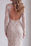 Mermaid Champagne High Neck Sequins Fringed Long Pageant Dress with Slit