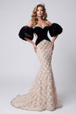 Black Mermaid Sweetheart Sequins Floral Long Cut Out Pageant Dress with Puff Sleeves