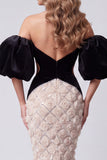 Black Mermaid Sweetheart Sequins Floral Long Cut Out Pageant Dress with Puff Sleeves